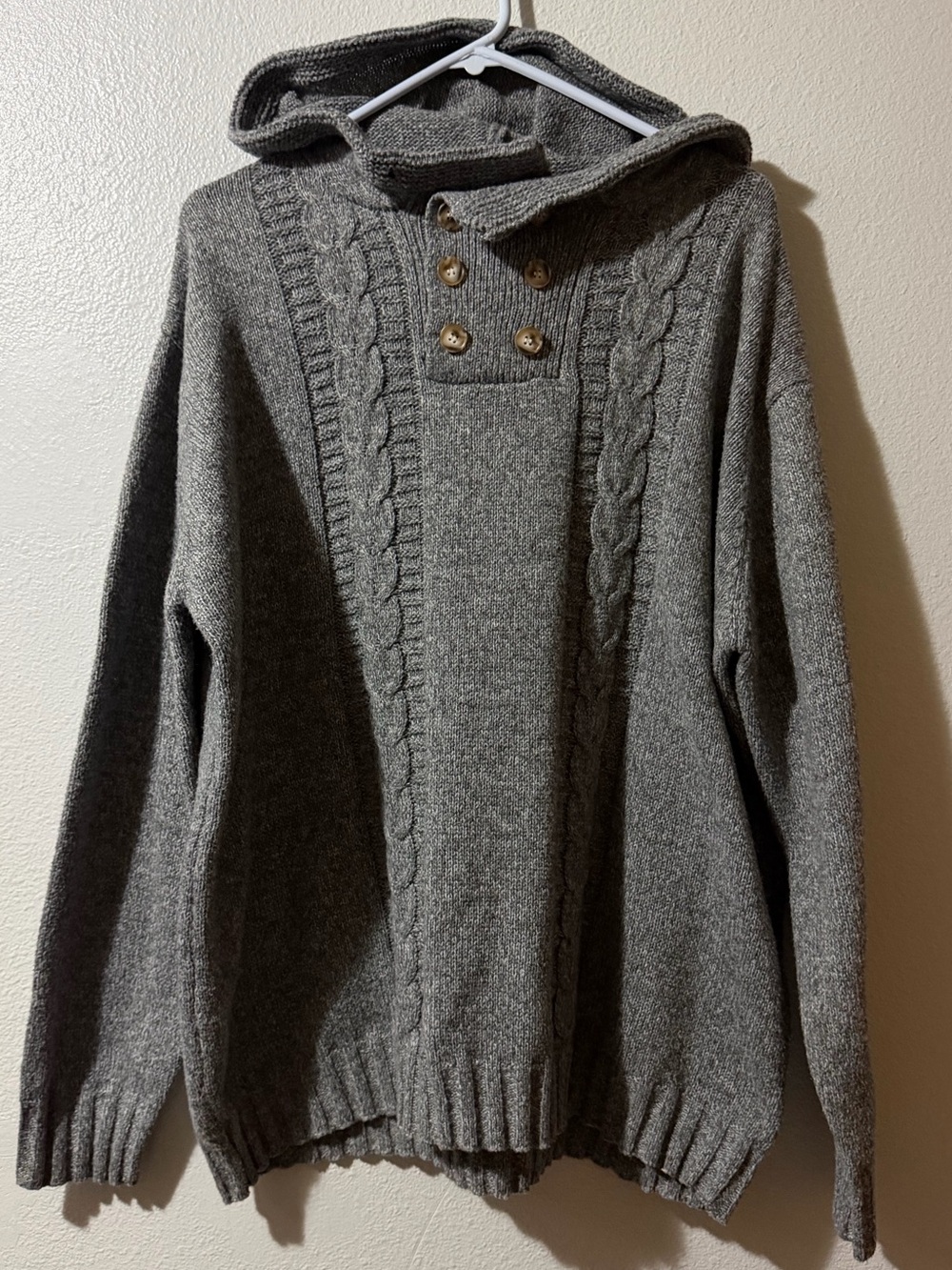 Cozy Cable Knit Grey Hooded Sweater Men’s Size XXL